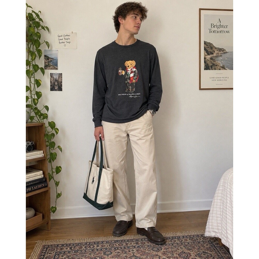 Polo Ralph Lauren Polo Bear Long Sleeve Shirt L Hot Cocoa Scarf Graphic Gray